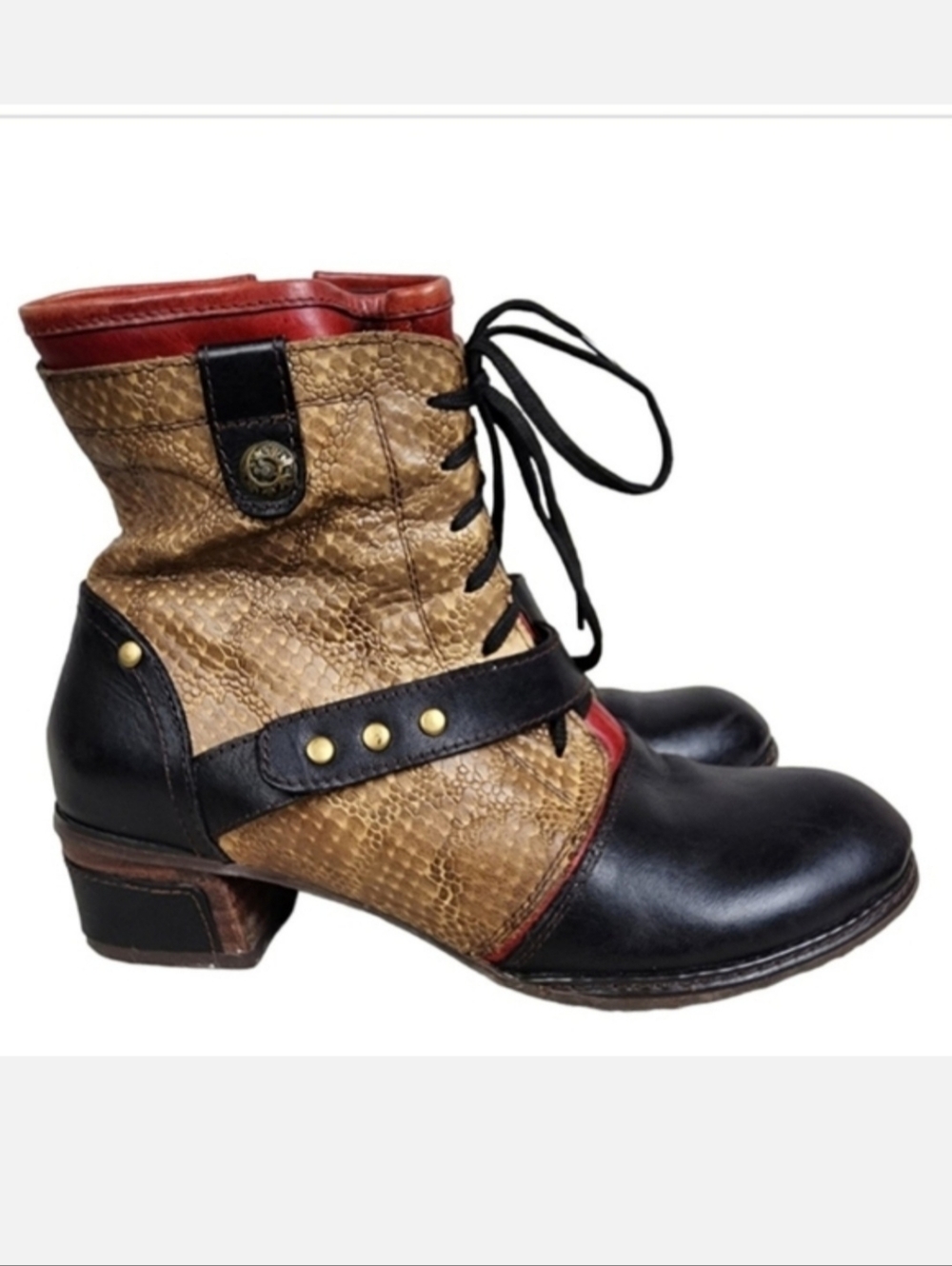 Spring Step L'ARTISTE 3 Tone Leather Ankle Boot Reptile Tan Black Size 37